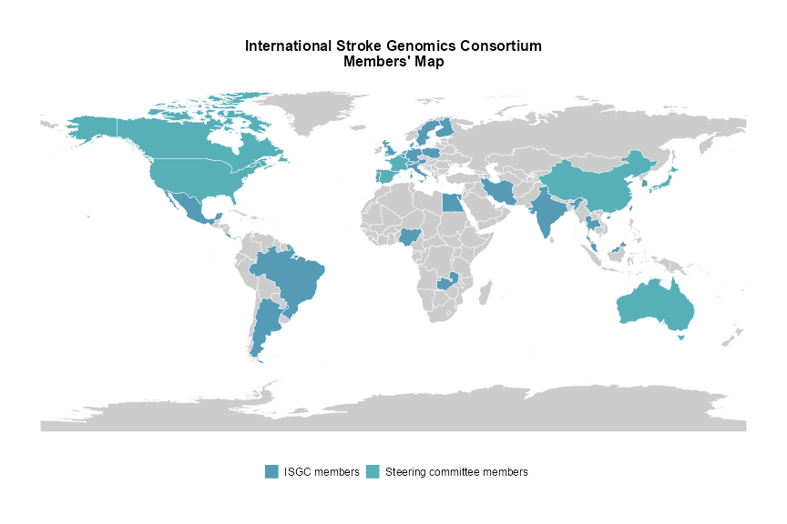 World map highlighting over 38 countries represented in the International Stroke Genomics Consortium’s global stroke genetics research network.